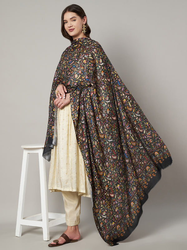 Printed Bamboo Silk Women Shawl – Black Floral Statement Wrap (80 x 40 Inches)