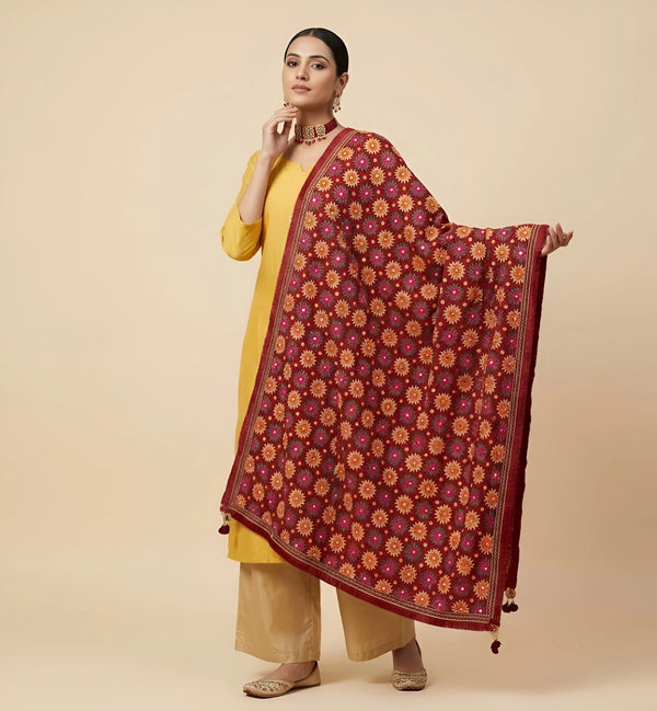 Luxe Handcrafted Chinon Phulkari Floral Mirror & Beads Work Maroon Dupatta