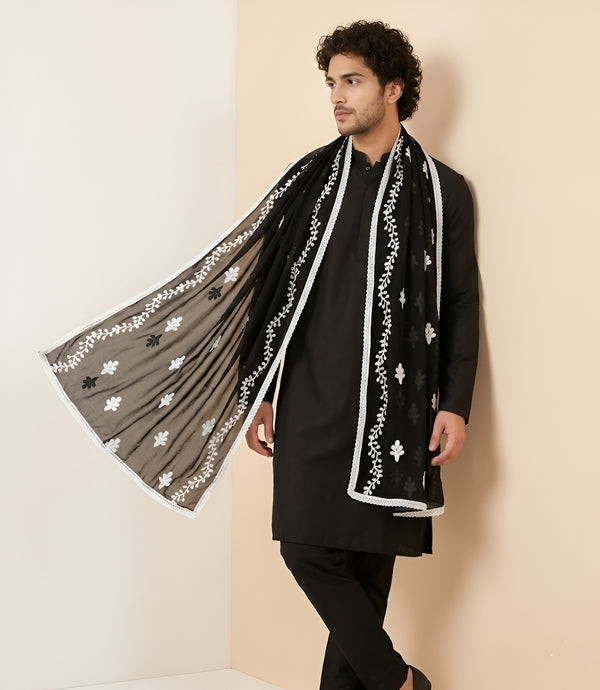 Black Nazneen Chiffon Mens Dupatta with Floral Embroidery & Border