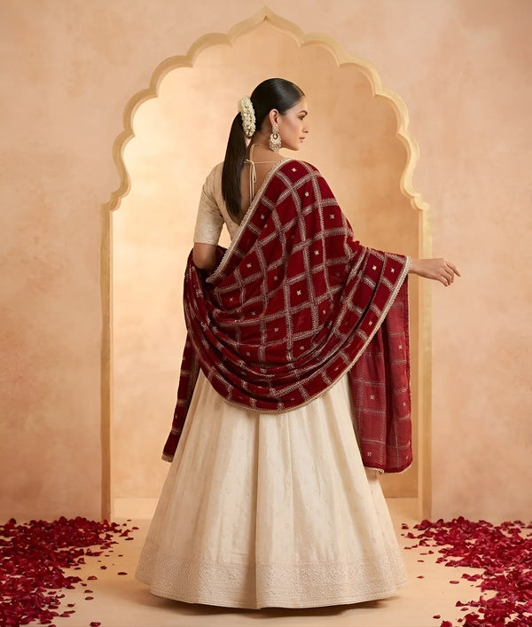 Maroon Chinon Dupatta with Gold Grid Embellishment (Size: 2.5x1 m Approx)