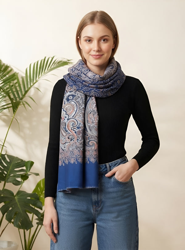 Everyday Bamboo Silk Heritage Printed Reversible Blue Stole