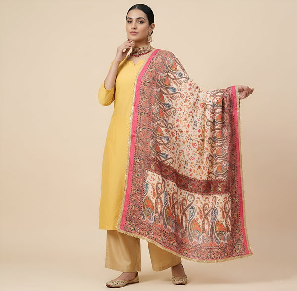 Chinon Floral Mirror Work Women Multicolor Dupatta with Designer Printed Panels & Lace Border
