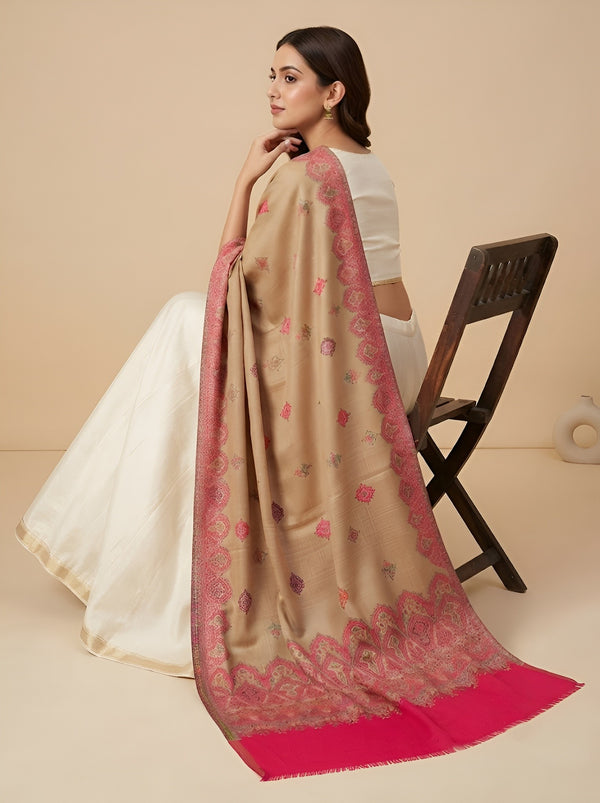 Naqsh-e-Kashmir Woven Kani Jacquard Pink Shawl with All-Over Buttis & Solid Panel