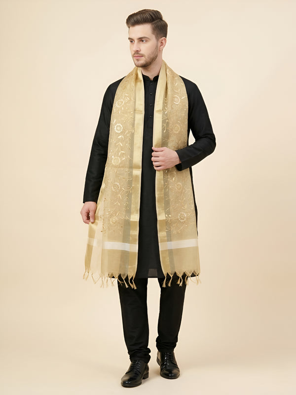 Organza Meena Jaal Mens Dupatta – Gold with Gold Woven Design