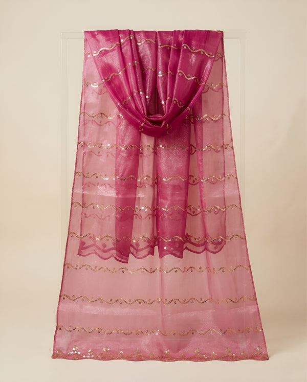 Net Pink Dupatta with Twill Zari Sequin Wave Work