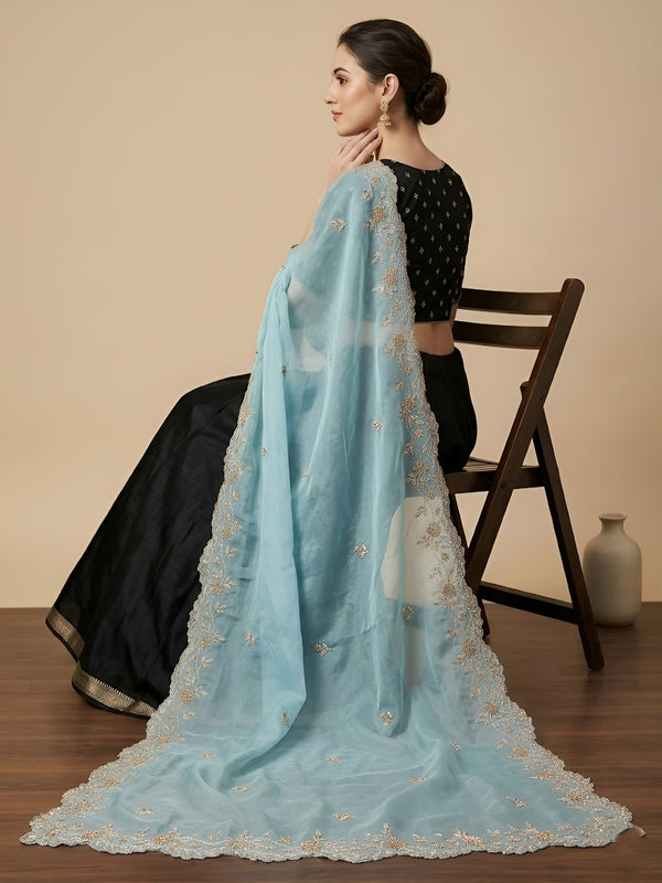 Luxe Rangoli Women Blue Dupatta with 4 Side Scalloped Embroidered Border & Buti Embellishment
