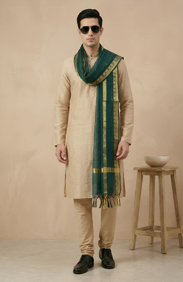 Cotton Silk Mens Dupatta – Green with Zari Buta & Border Work