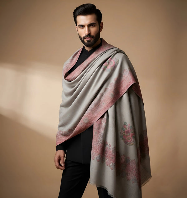 Mir-e-Khas Men's Kashmir-Inspired Kani Paisley & Geometric Border Wool Blend Grey Shawl