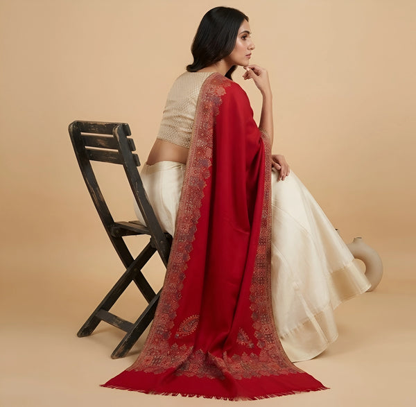 Naqsh-e-Kashmir Inspired Kani Paisley & Geometric Border Wool Blend Red Shawl