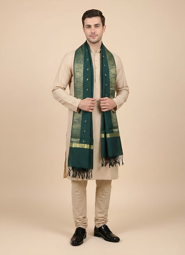 Banarasi Silk Mens Dupatta – Green with Zari Buta & Border Work