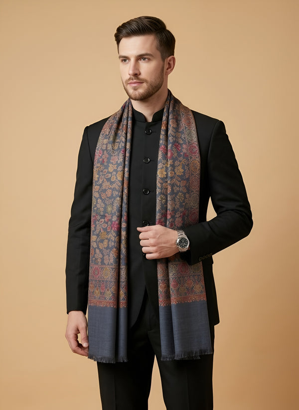 Noble Mens Wool Blend Floral Kani Weave Grey Stole