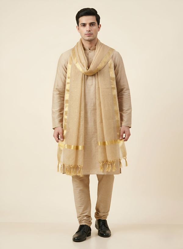 Cotton Silk Mens Dupatta – Gold with Zari Buta & Border Work
