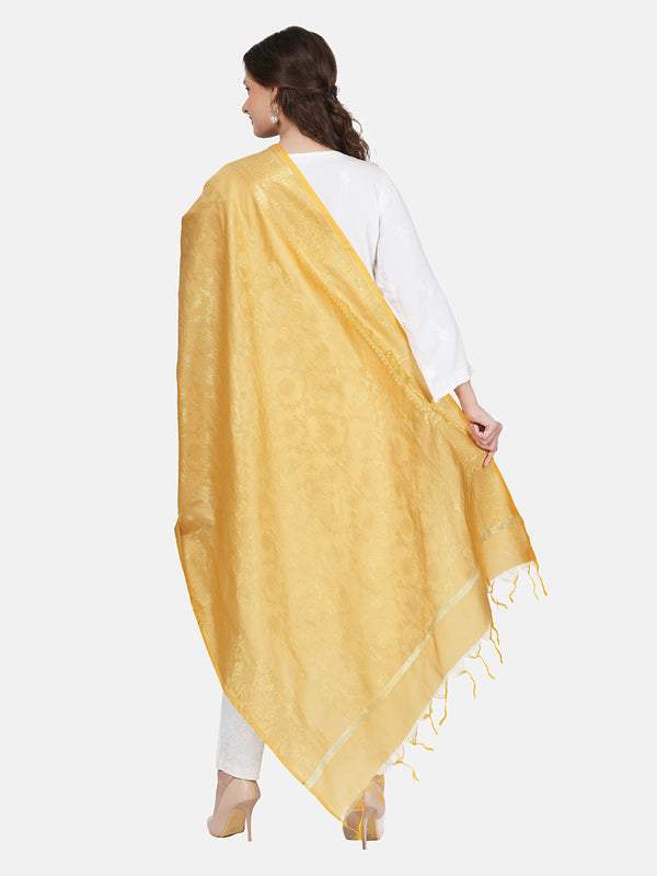 Cream Banarasi Silk Dupatta with All-Over Woven Floral Motifs & Rich Zari Border (Size: 2.5x1 m Approx)