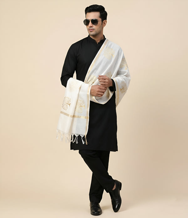 Organza Zari Buta Mens Dupatta – Off White Tone with Gold Woven Design