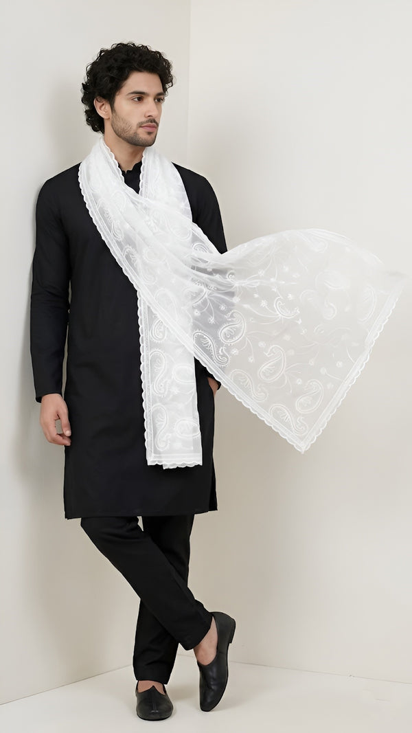 Organza Mens Dupatta – White with Paisley Embroidery & Floral Design
