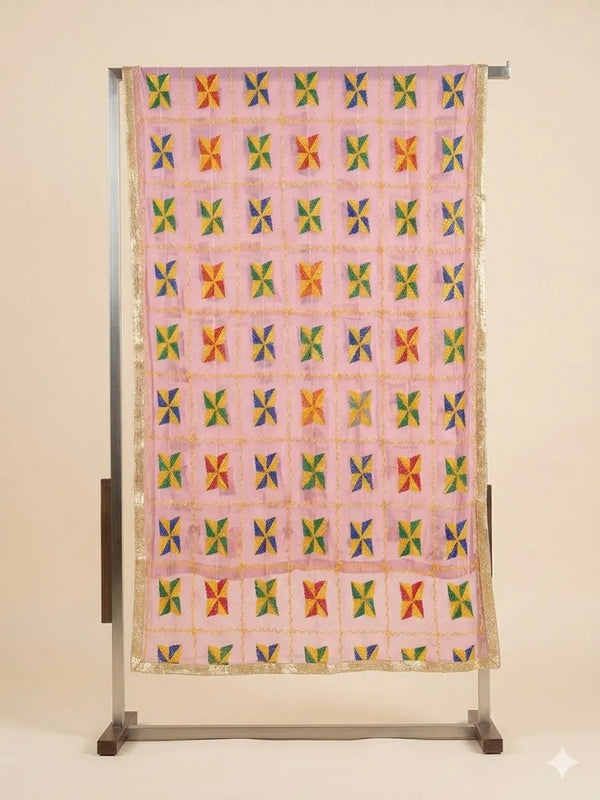 Chinon Phulkari Women Pink Dupatta with Traditional Motif Work & Tape Border