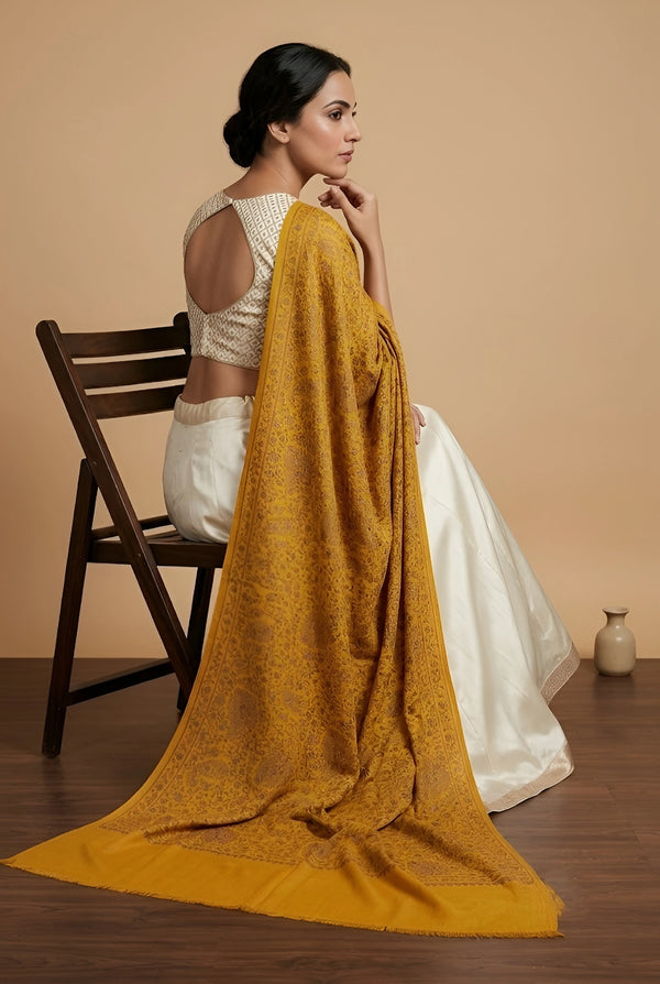 Naqsh-e-Kashmir Sozni Jaal Embroidered Yellow Shawl | Traditional Kashmiri Wool Blend