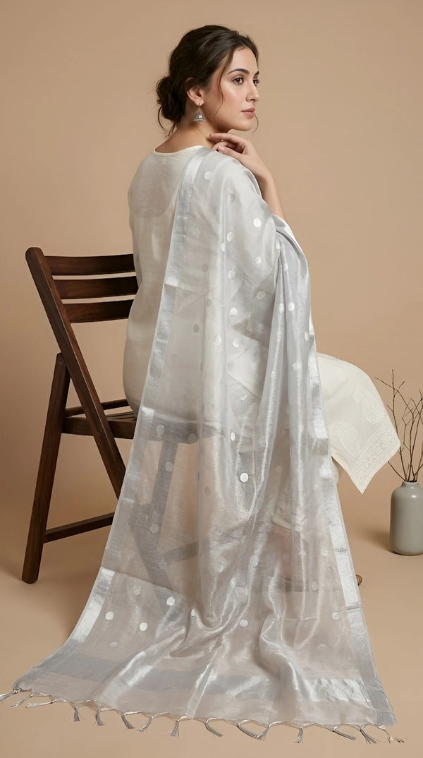 Sheer Silver Tissue Buta Dupatta with Subtle Shine