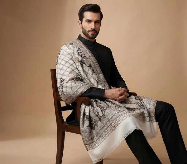Mir-e-Khas Men's Kashmir-Inspired Paisley Jacquard White Shawl with Kani Floral Border