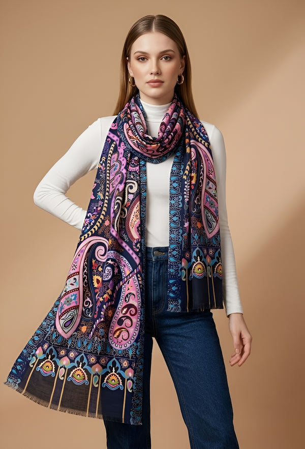Signature Bamboo Silk Paisley PrintedStole | Heritage Ornamental Floral Print