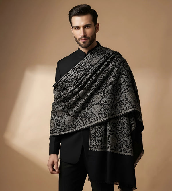 Mir-e-Khas Kashmiri Sozni Jaal Black Shawl for Men – Wool Blend