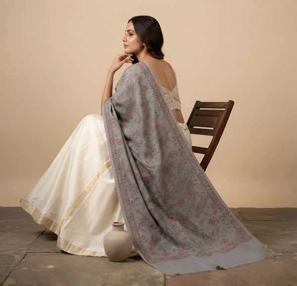 Naqsh-e-Kashmir Inspired Jamawar Floral Paisley Vine Wool Blend Grey Shawl