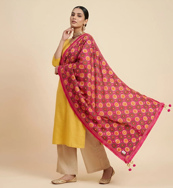 Luxe Handcrafted Chinon Phulkari Floral Mirror & Beads Work Pink Dupatta