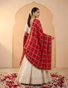 Red Chinon Dupatta with Gold Grid Embellishment (Size: 2.5x1 m Approx)