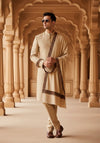 Beige Woolen Mens Shawl with Traditional Multicolour Embroidered Border (80 x 40 Inches)