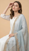 Luxe Fendi Women Blue Dupatta with 2 Side Scalloped Border, Mirror Detailing & Buti Embellishment
