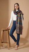 Signature Geometric Diamond Jacquard with Mughal Floral Border Wool Blend Blue Stole
