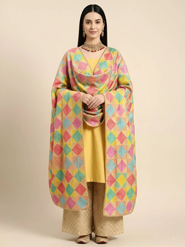 Luxe Chinon Women Phulkari Mulitcolor Dupatta with Geometric Thread Work & Lace Border