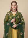 Luxe Organza Women Bottle Green Dupatta with Handbrush Floral Art & Beads