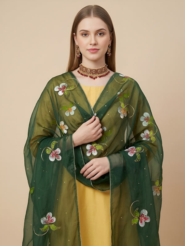 Luxe Organza Women Bottle Green Dupatta with Handbrush Floral Art & Beads