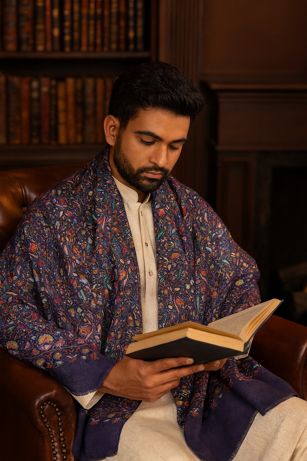 Printed Bamboo Silk Mens Shawl – Blue Floral Classic Wrap (80 x 40 Inches)