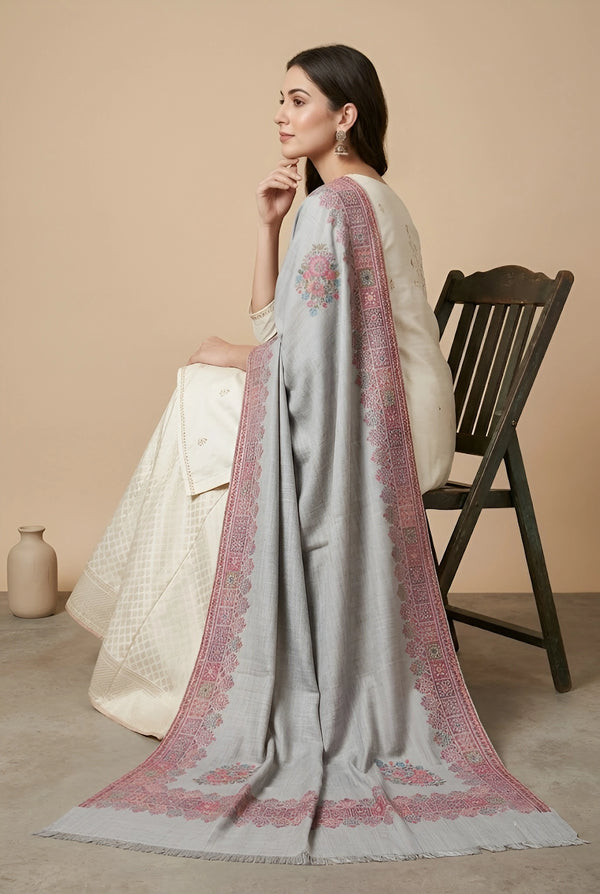 Naqsh-e-Kashmir Inspired Kingri Design Jacquard Woven Grey Shawl with Floral Border