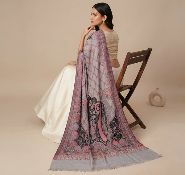 Naqsh-e-Kashmir Inspired Paisley Jacquard Grey Shawl with Kani-Inspired Floral Border