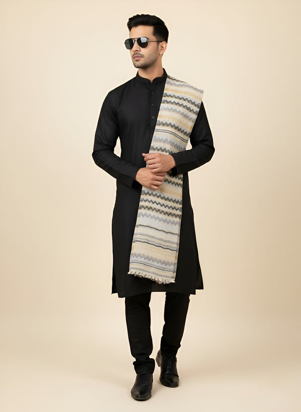 Woolen Zig-Zag Moonlight Zari Mens Stole | Heritage Wrap (80 x 28 Inches)