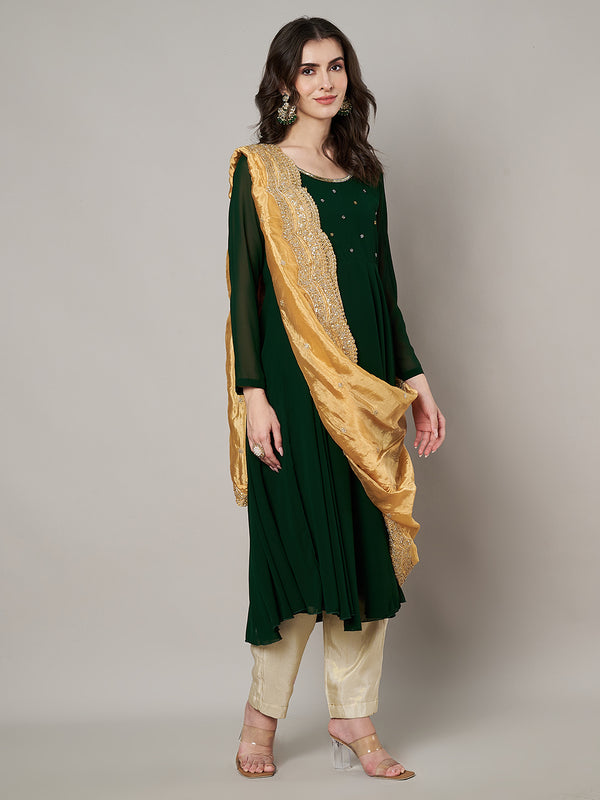 Gold Chinon Dupatta with Scalloped Embroidered Border & Sequin Motifs (Size: 2.5x1 m Approx)