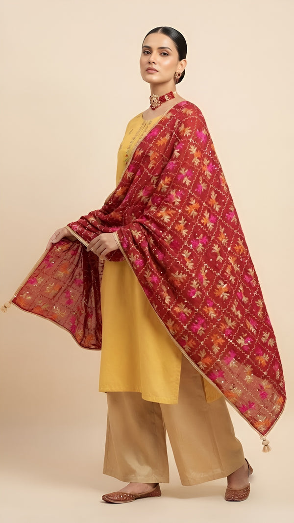 Luxe Phulkari Chinon Maroon Dupatta with Mirror Detailing