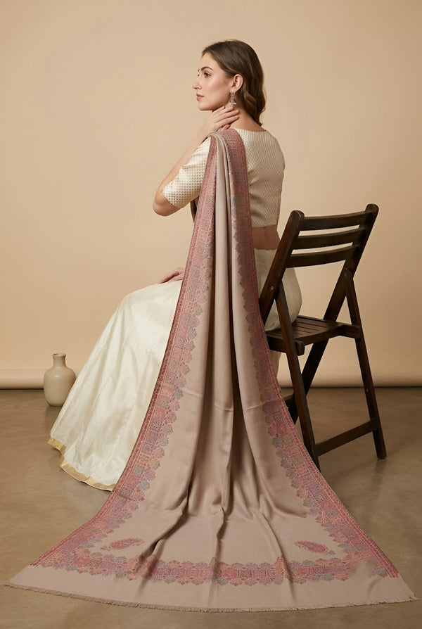 Naqsh-e-Kashmir Inspired Kani Paisley & Geometric Border Wool Blend Brown Shawl