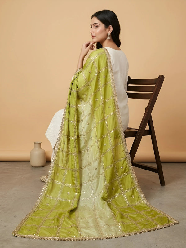 Luxe Chinon Womens Green Dupatta – Embellished Grid Work with Lace Border