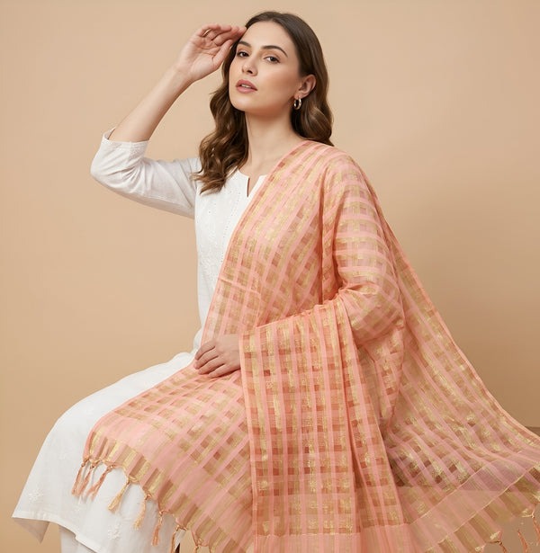 Peach Cotton Dupatta with Golden Stripe Weave & Tassel Border