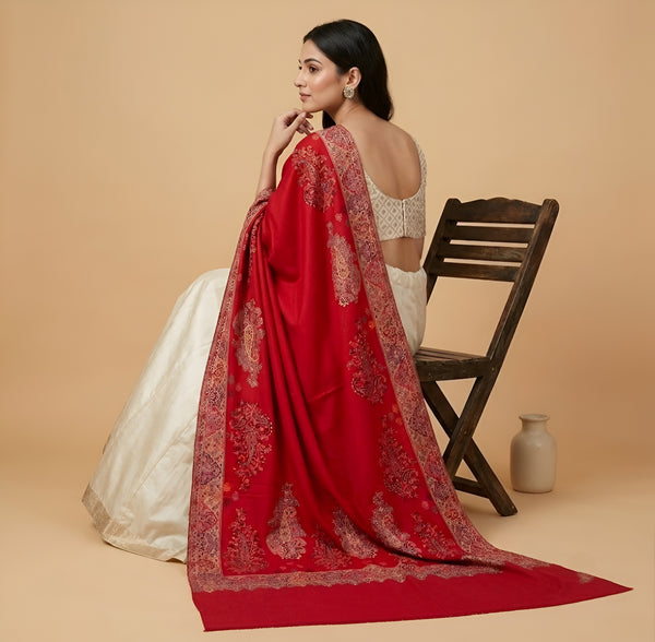 Naqsh-e-Kashmir Woven Kani Jacquard Paisley Red Shawl with Inner Bootas & Solid Panel