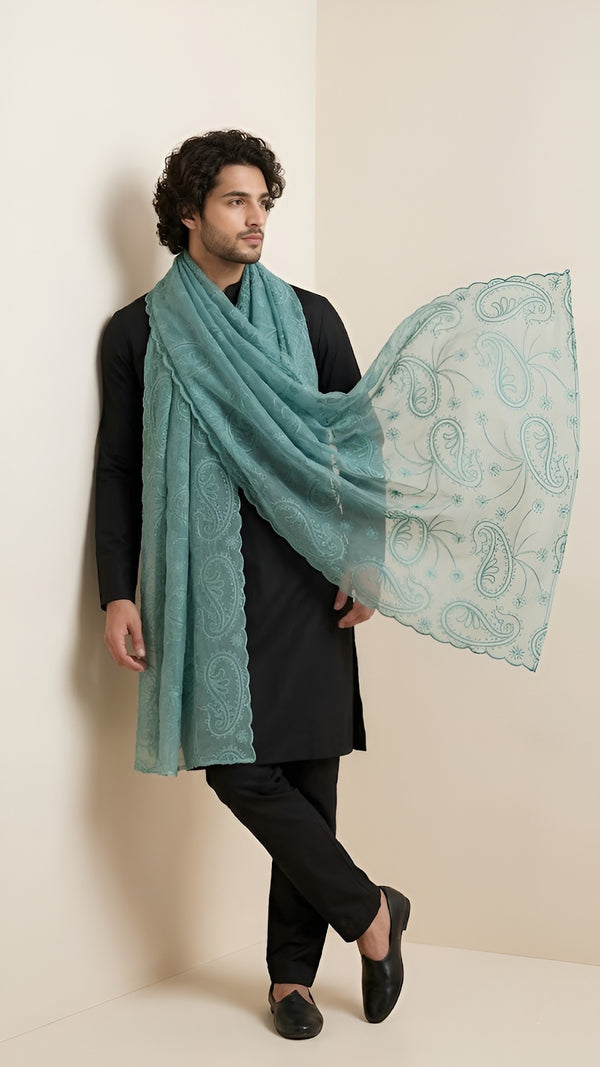 Organza Mens Dupatta – Teal with Paisley Embroidery & Floral Design