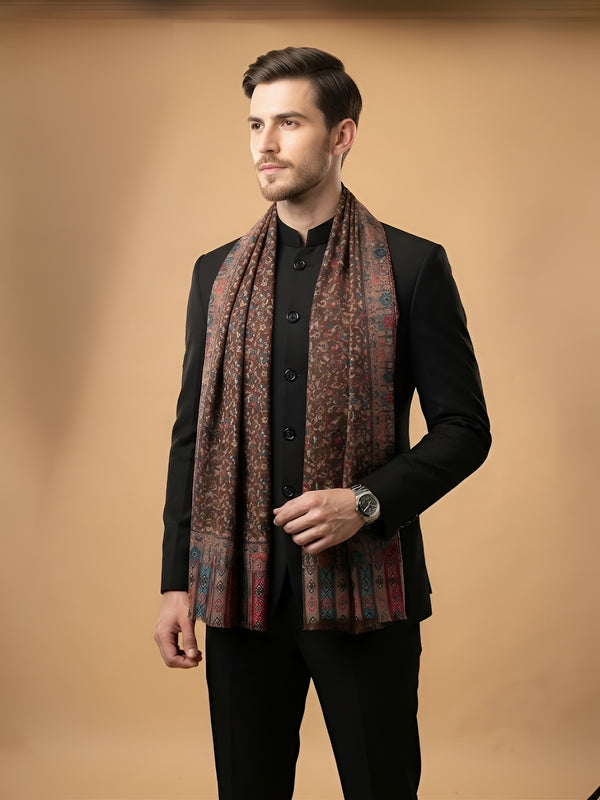 Reserve Mens Bamboo Silk Floral Kalamkari Printed Brown Stole