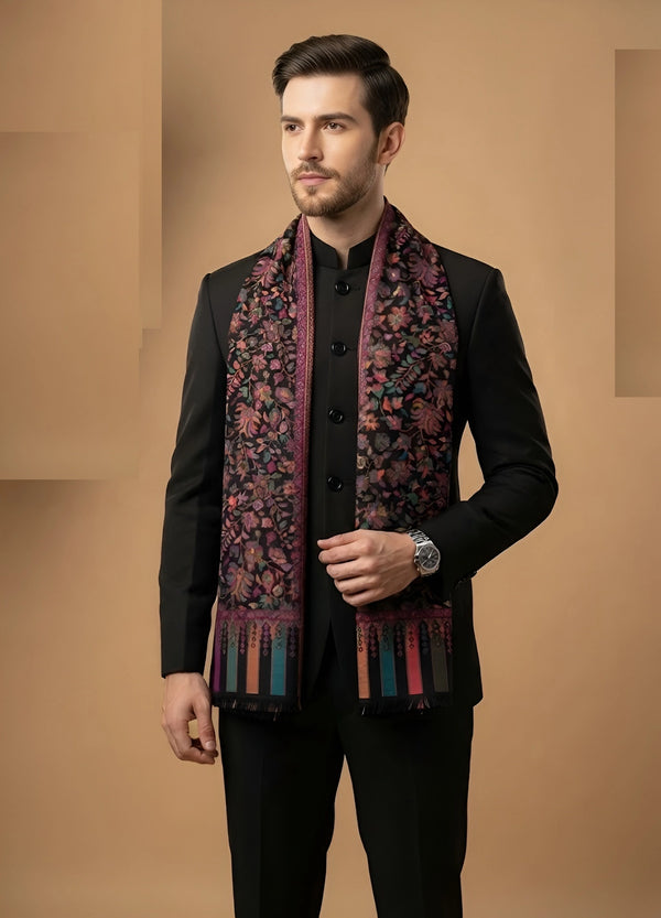 Noble Kani Weave Floral Wool Blend Black Stole