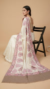 Naqsh-e-Kashmir Woven Kani Jacquard Paisley White Shawl with Inner Bootas & Solid Panel
