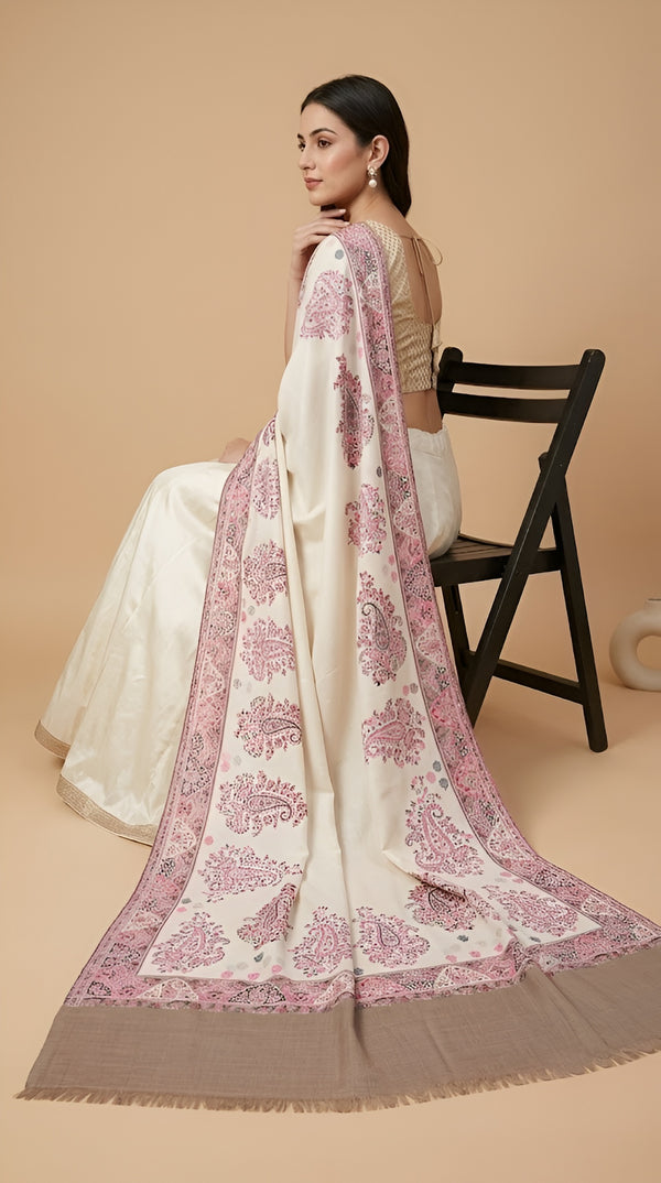 Naqsh-e-Kashmir Woven Kani Jacquard Paisley White Shawl with Inner Bootas & Solid Panel