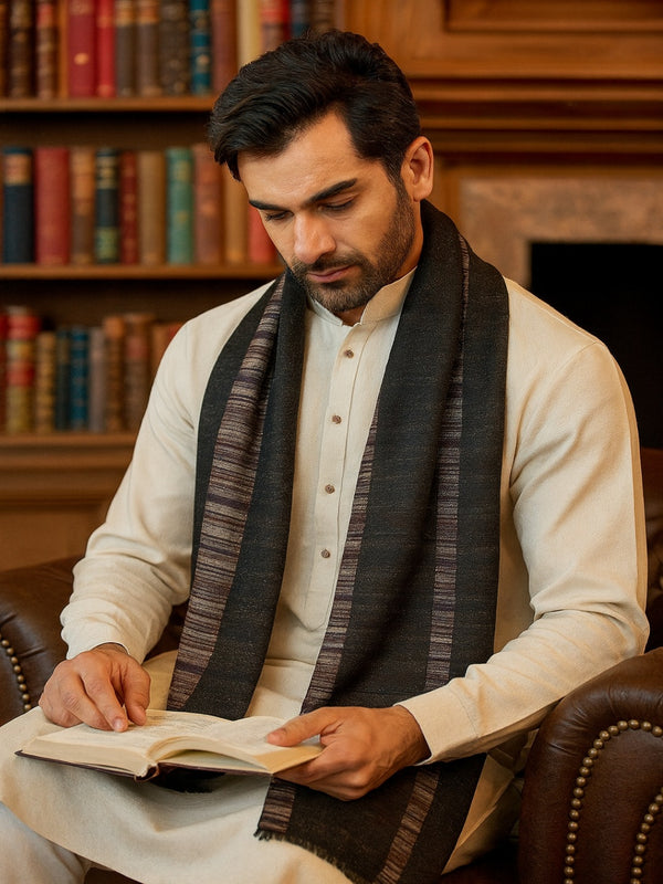 Reversible Woolen Mens Stole with Classic Striped Weave | Elegant Winter Wrap (80 × 28 Inches)